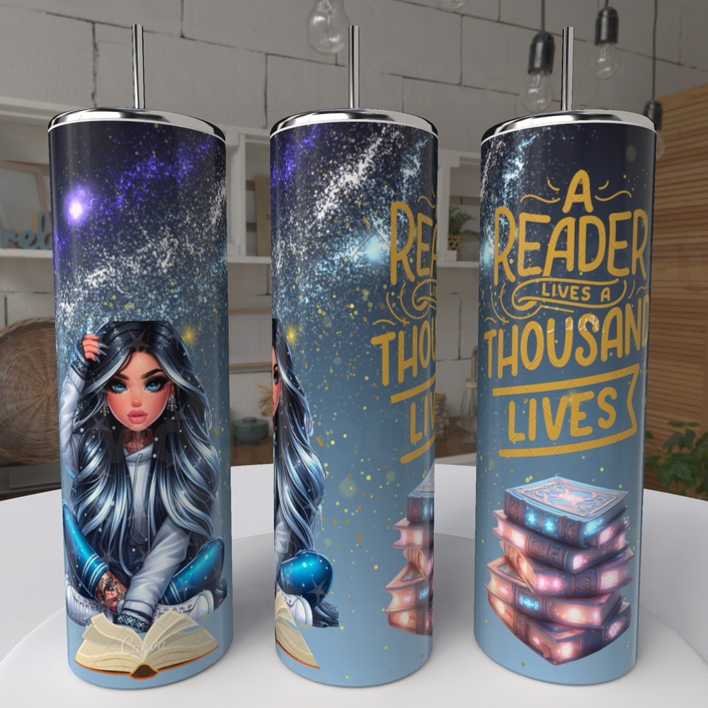 20oz A READER LIVES A THOUSAND LIVES STAINLESS STEEL SUBLIMATED TUMBLER